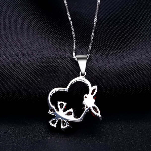 Collier Argent Grenat Papillon Fleur