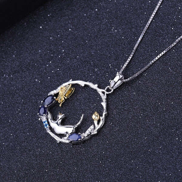 Collier Argent Saphir Papillon et chat