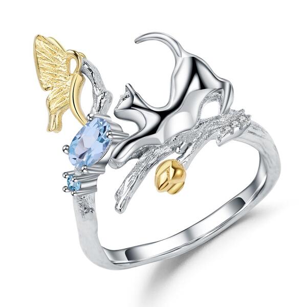 Bague Topaze Bleue Papillon et Chat