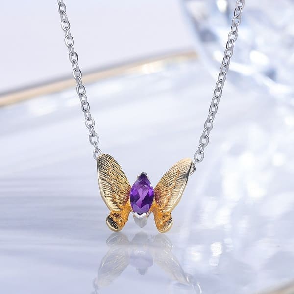 COLLIER ARGENT MASSIF AVEC PENDENTIF PAPILLONS ET AMÉTHYSTE - Occasion - Marque Esprit